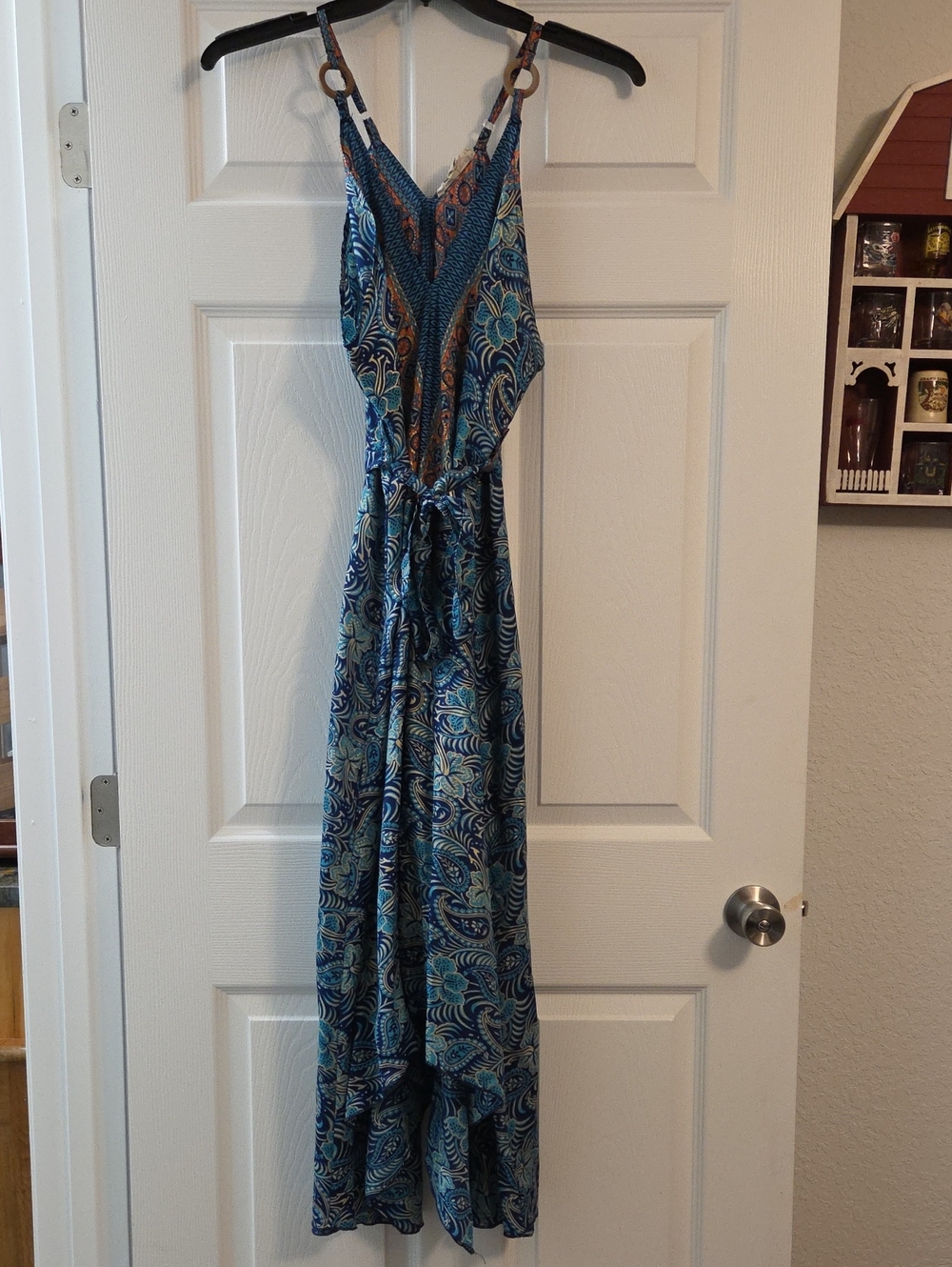 Sleeveless Blue Paisley Bohimian Maxi Dress with Tie Waist